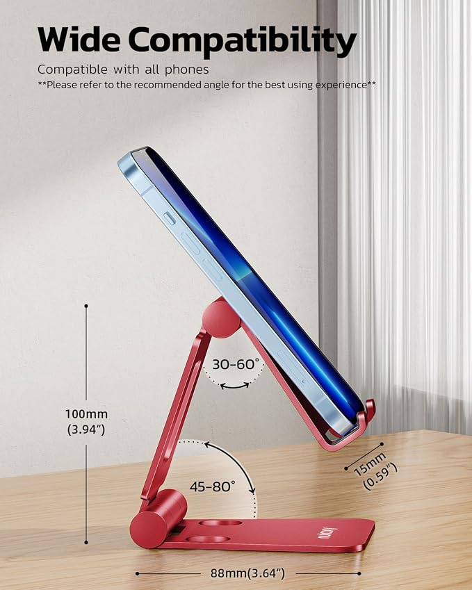 Nulaxy Full Aluminum Dual Folding Cell Phone Stand for Desk, Red | Height Angle Adjustable, Portable, Anti-Slip Base, Fits 18mm Thick Case Smartphone, Nintendo Switch Desk Essential Accessory - Image 2