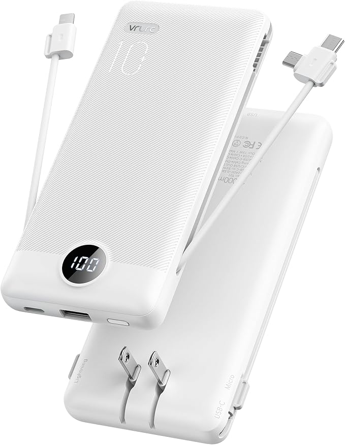VRURC Portable Charger, Power Bank Built-in Cables and AC Wall Plug | USB C Power Bank 10000mAh Travel Essentials Phone Charger Compact External Battery Pack For Smart Phones, Tablets etc-White by Home