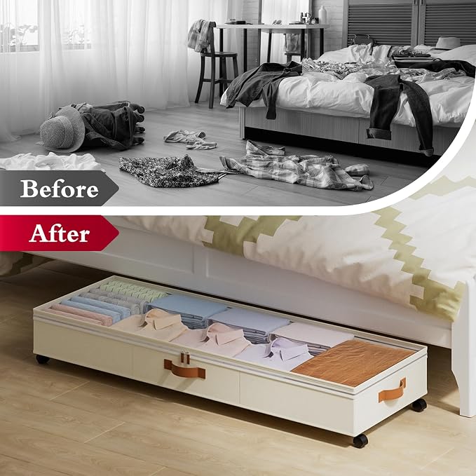 Yecaye 85 L Under Bed Storage with Wheels, 2 Pack Under Bed Storage Containers with Adjustable Dividers & Lids, Large Rolling Underbed Organizer Bins Drawers for Clothes, Shoes, Blankets Toys, Beige - Image 8