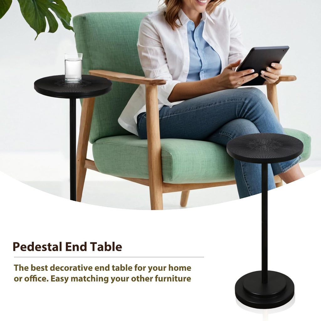 COVLON Drink Table Set of 2, Small Round Pedestal Side Table with Carved Top for Living Room, Bedroom, Small Space, Corners and Office, Black - Image 4