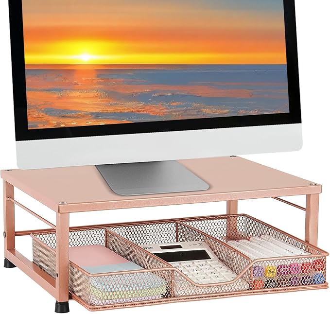 Small Laptop Stand for Desk, Monitor Stand Riser, Office Desk Accessories, Computer Desktop Stand with Drawer for Home, Office, School (Bronze) by Illuminatinglifewiththewarmthandloveoflight