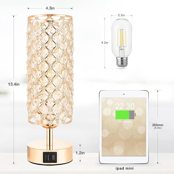 Crystal Table Lamp, 3 Way Dimmable Touch Lamps for Night Stands, Gold | Gold Crystal Touch Lamp for Bedroom with USB-C/A, Bulb included - Image 5