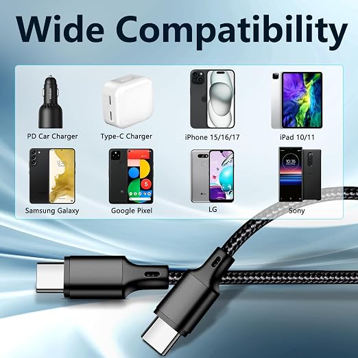 USB C to USB C Cable, 5 Pack Type C Fast Charger Cord (Black) | 3/3/6/6/10ft Nylon Braided Data Transfer Wire for iPhone 17/16/15 Plus/Pro Max iPad Air Ps5 Controller Samsung Galaxy - Image 7