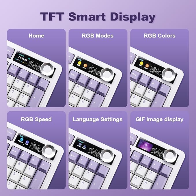 AJAZZ AK980 Mechanical Keyboard, Creamy & Thocky with Smart Display & Knob, 98% Wireless Tri-Mode BT/2.4G/USB-C, Hot Swappable, RGB Light for Win & Mac (Purple, Murad Switch) - Image 5