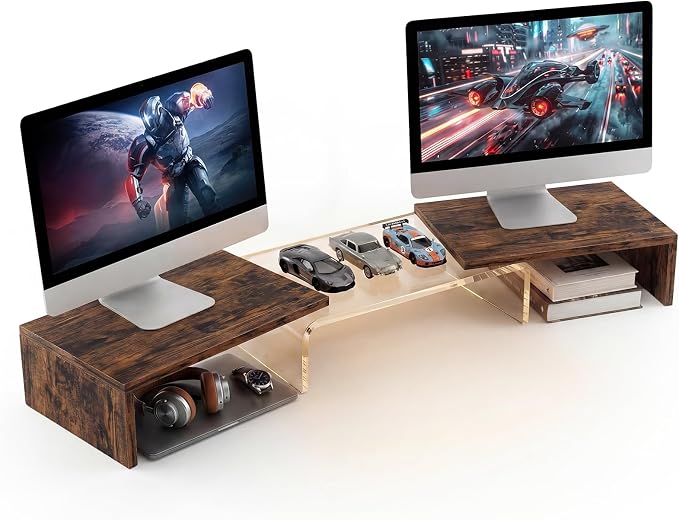 Dual Monitor Riser, Acrylic Monitor Riser, Adjustable Angle & Length Computer Monitor Stand, Wide Desk Shelf for Top of Desk for Home Office_Wood Look Small by Bingyouth
