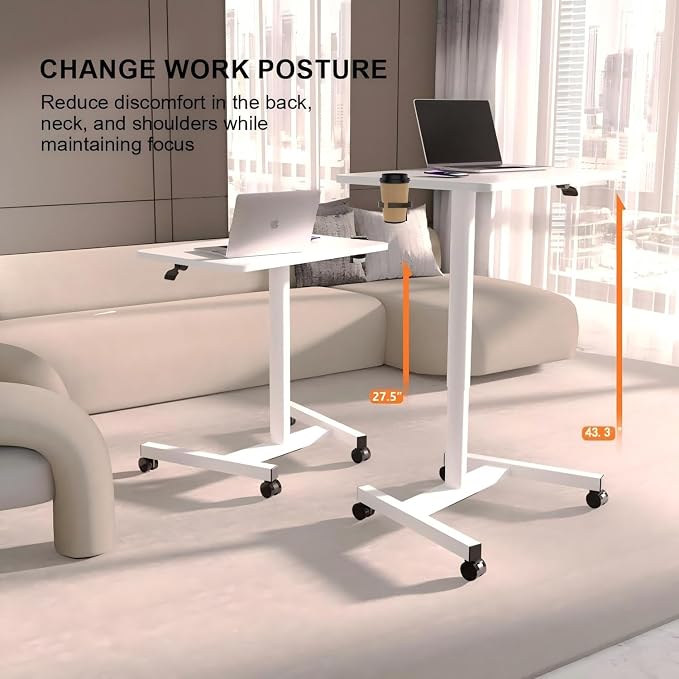 28-Inch Mobile Standing Desk, Computer Workstations with Cup Holder, Portable Standing Desk with Lockable Wheels, Rolling Table for Home Office Classroom Hospital (Snow-White, Steel Classic) - Image 5