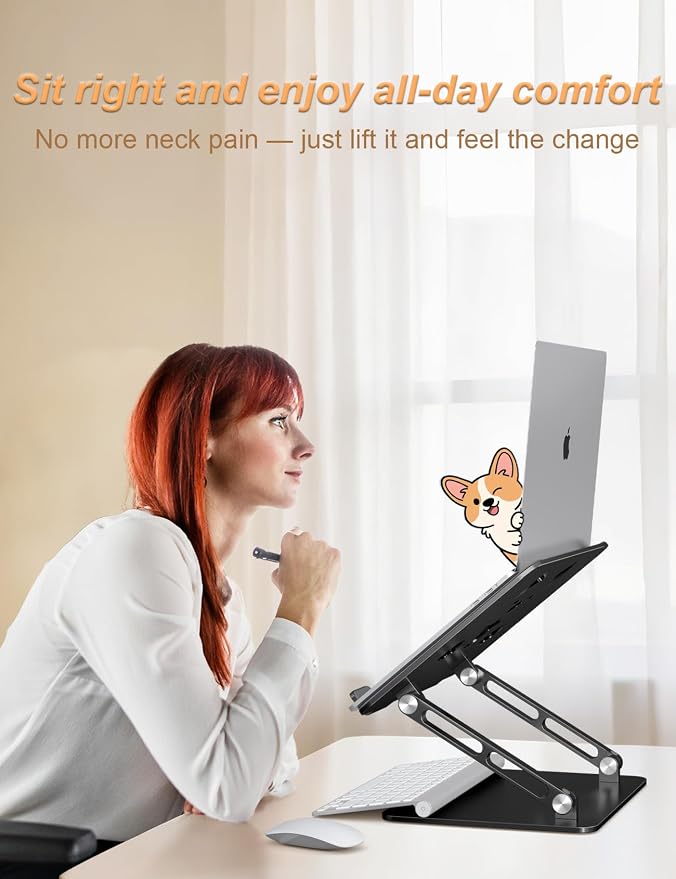 Aoviho Aluminum Laptop Stand for Desk Fit for All 10"-17.3" Laptops, Black | Height-adjustable Notebook Holder, Ergonomic Computer Riser with Unique Puppy Cooling Vent, for Mac, Dell, Lenovo, HP - Image 5