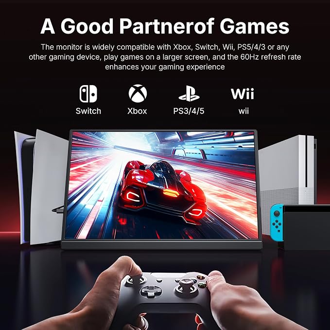 WGK 15.6 inch Portable Monitor 1080P FHD Travel Display HDMI/USB-C Compatible with Laptops, Desktops, Phones, PS, Mac, Xbox, Switch, and Other Gaming Devices Includes Stand and Speakers VESA - Image 4