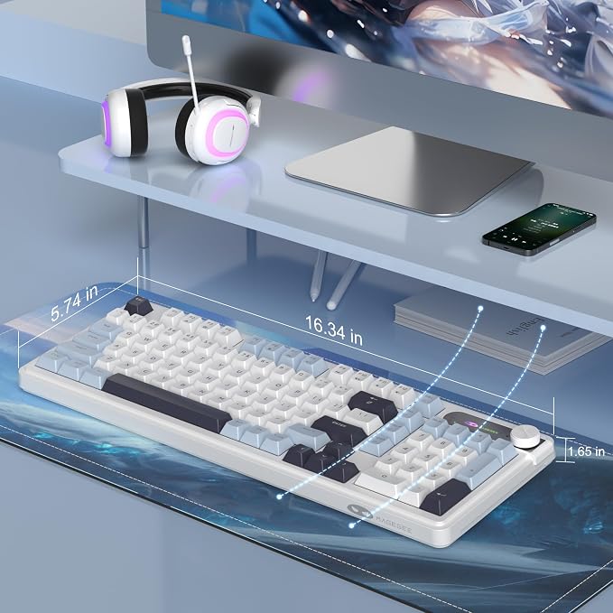 MageGee GK960 Wireless Keyboard, 98 Keys Tri-Mode BT/2.4G/Wired Membrane Gaming Keyboard, RGB Creamy Keyboard with Number Pad, Knob Control, 4000mAh Battery - Blue & White - Image 7