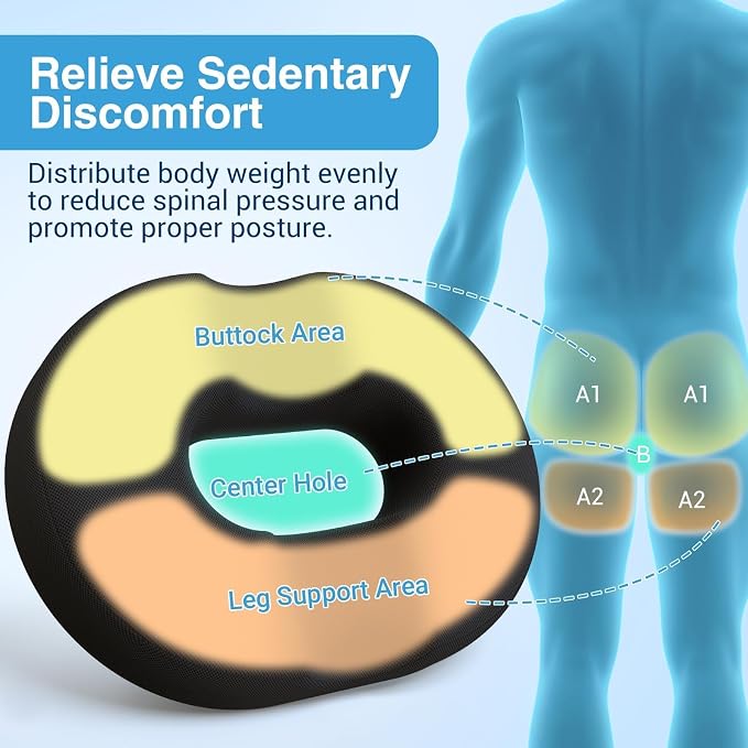 Donut Seat Cushion, Hemorrhoid Pillow, Office Chair Cushion, Black, Large | Ergonomic Design, Breathable Cover, for Tailbone Pain, Hemorrhoids & Long Sitting Hours, for Home & Office, - Image 2