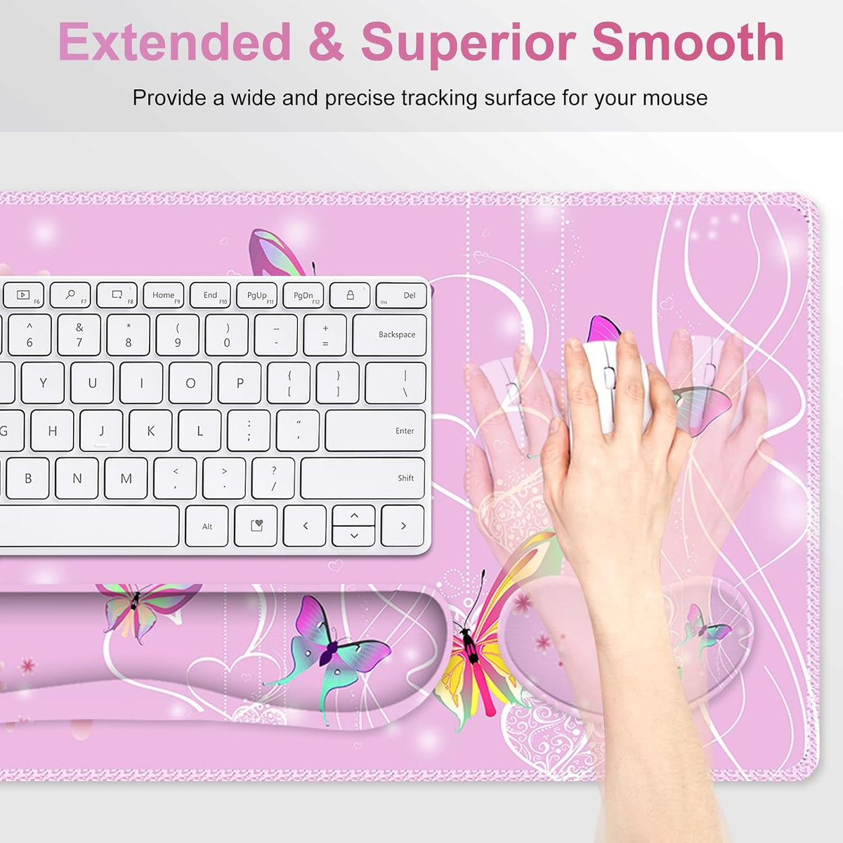 Pink Butterfly Desk Mat, Florals 4 in1 Large Gaming Mouse Pad Set, Ergonomics Keyboard Pad with Memory Foam Wrist Rest, Extended Game Mousepad Non-Slip Desk Protector Matt Easy Typing Pain Relief - Image 4