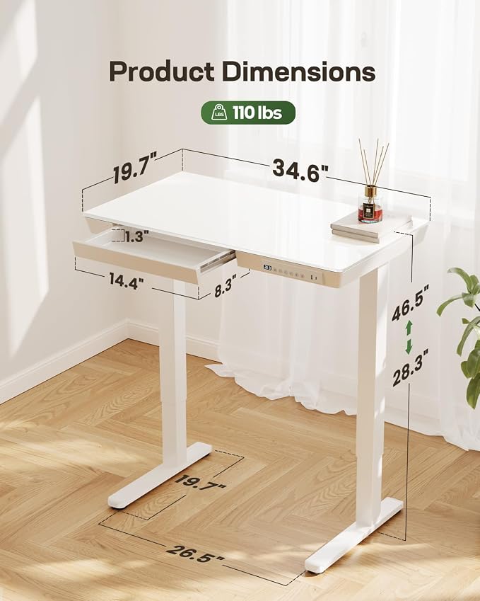 Marsail Glass Standing Desk, 35 x 20 Inch Small Sit Stand Desk | Sit Stand Design, Storage Drawer, One-piece tempered glass top, Compact Home Office Desk,Steady, easy to clean - Image 3
