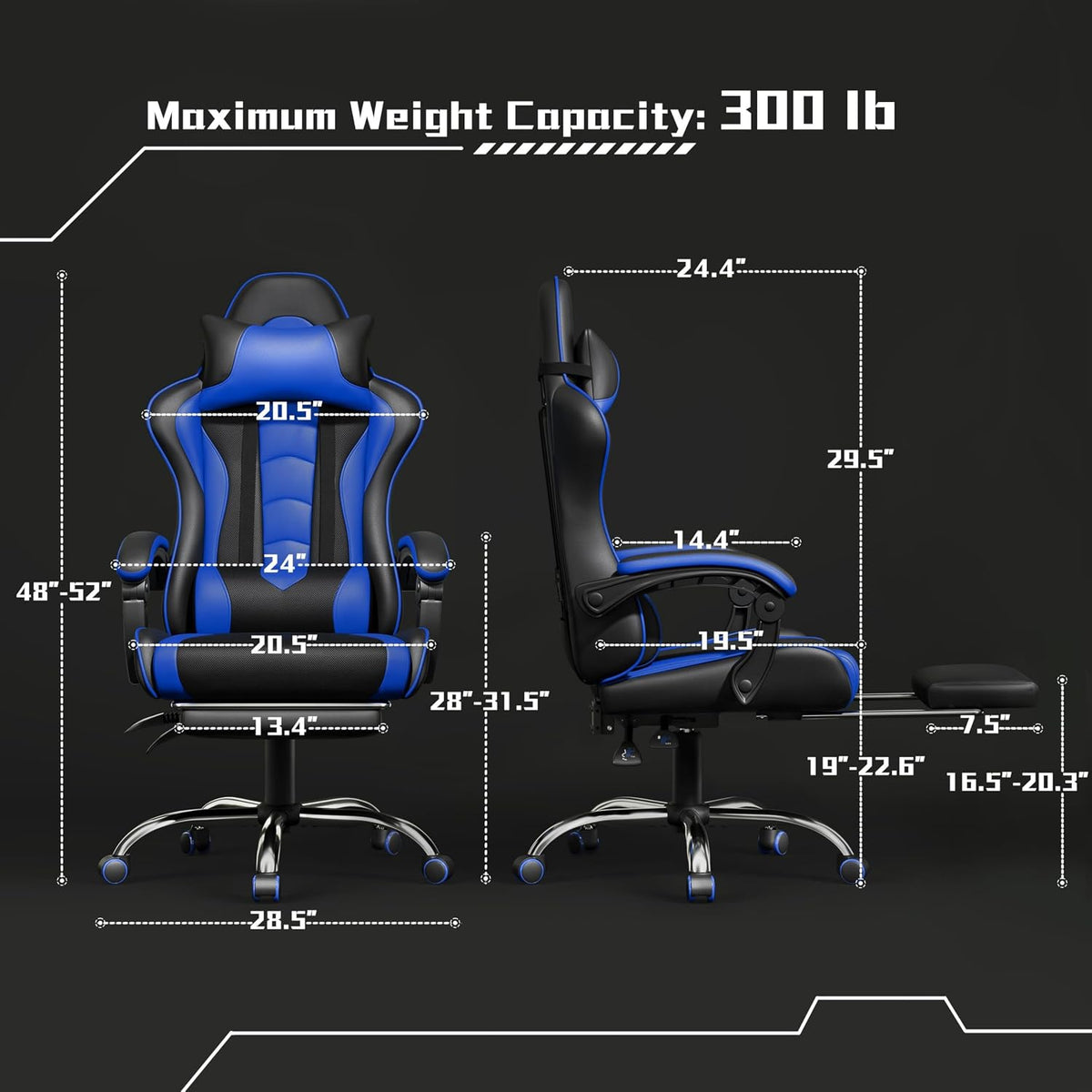 Yaheetech Gaming Chair with Footrest Massage Lumbar Pillow Black and Blue - Image 3
