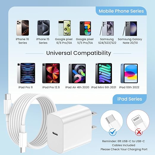 iPhone Charger Fast Charging 20W 3-Pack iPhone 17 Charger & 6FT USB C Cable | iPhone 17 Charger for Home, Office & Travel, USB C Charger Compatible with iPhone 17/16/15,iPad,Galaxy and All Type-C Devices - Image 6
