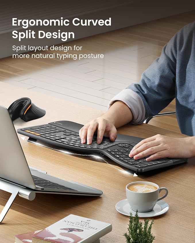 ProtoArc EK01 Plus Backlit Bluetooth Ergonomic Keyboard, Full Size, Black | Adjustable brightness, split design, cushioned wrist rest, connect 3 devices via Bluetooth/2.4G, 2000mAh USB-C rechargeable. - Image 5