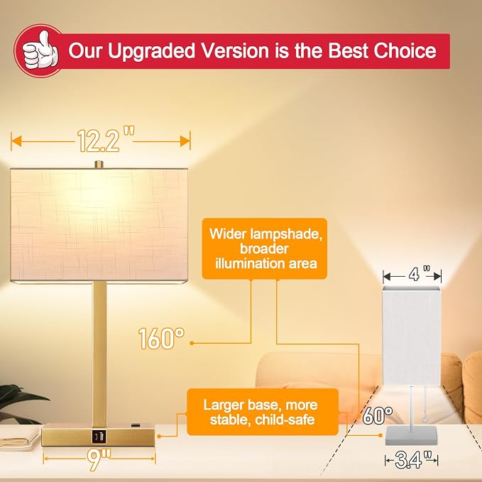 Lynnoland 21" Set of 2 Table lamp with USB A+C & AC Outlets, Touch Control 3-Way Dimmable Nightstand Lamps for Living Room Bedroom Office Reading, Linen Shade Touch Lamps, 3000K LED Bulbs Included - Image 3