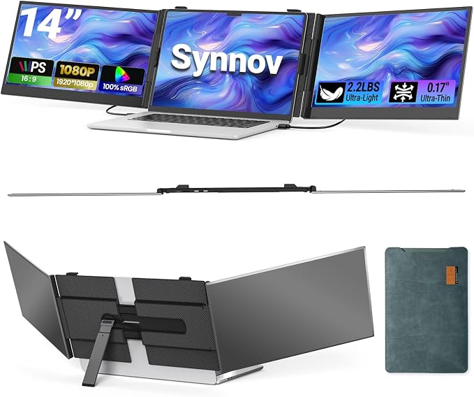 14" Laptop Screen Extender, 2.2lbs Lightweight Portable Monitor for Laptop | 1080P FHD Display, Type-C/HDMI Plug & Play, Triple Travel Monitor for 13-17.3" Laptops, Compatible with Wins/MacOS/Chrome by SynnovLaptopScreenExtender