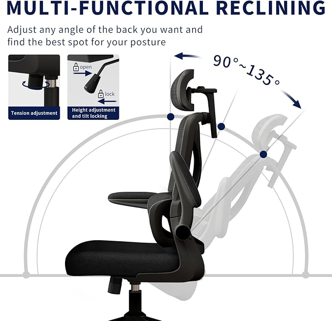 Ergonomic Office Chair - Desk Chair with Adjustable Headrest Lumbar Support Computer Chair - Mesh Comfy Chair with Flip-up Armrests - Gaming Chairs for Adults Home Office (Black+Black) - Image 5