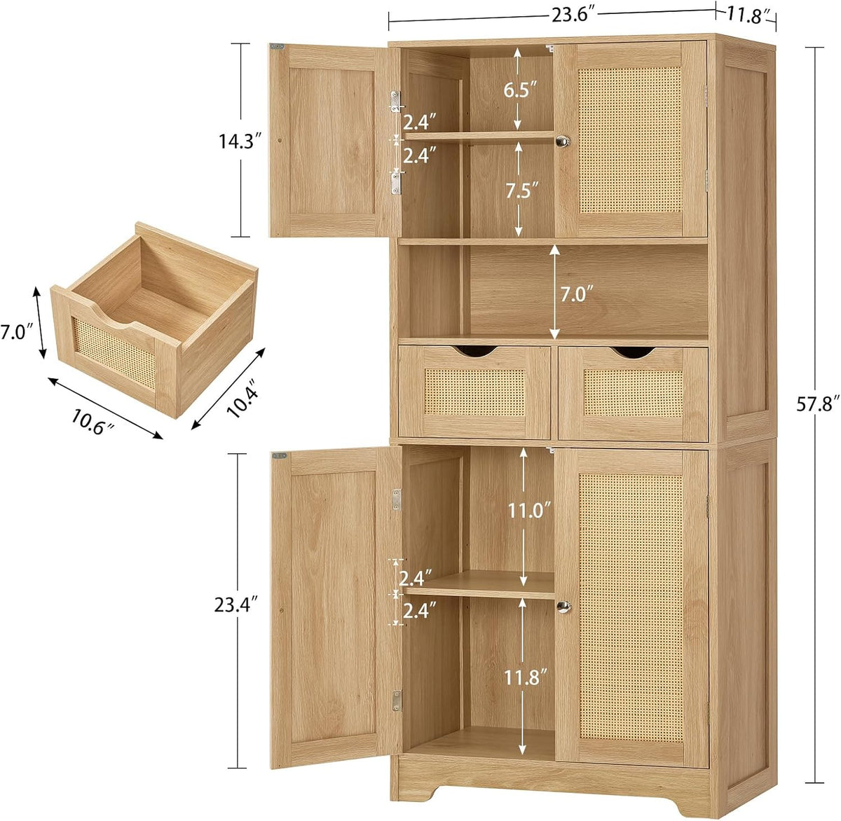 57.8" H Tall Storage Cabinet with 2 Drawers & 2 Adjustable Shelves, Rattan Cabinets with 4 Doors, Cupboard, Kitchen Cabinets, Pantry Cabinet, Tall Cabinet for Living Room, Entryway, Natural - Image 3