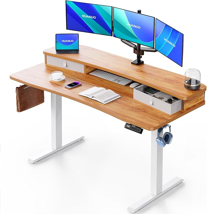 HUANUO 55″ x 26″ Electric Standing Desk with 2 Drawers, C-Clamp Mount Compatible, Height Adjustable Computer Desk, Home Office Stand Up Desk with 4 Preset Heights & 2 Hooks, Light Vintage by HUANUO
