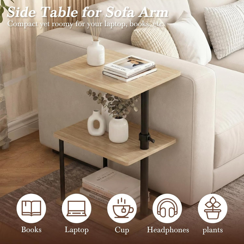 360° Swivel Side Table for Height Adjustable, C Shaped End Table for Couch with Storage, 3-Tier Night Stand with Open Shelf, Tv Tray for Small Spaces, Living Room, Bedroom, Oak - Image 4