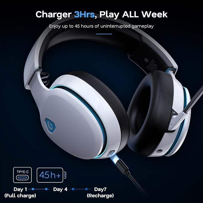 AOC 2.4GHz Wireless Gaming Headset for PS5, PS4, PC, Switch, 45Hr, White | Bluetooth 6.0 Gaming Headphones with Noise Canceling Mic, 7.1 Virtual Surround, Great for Fortnite & Call of Duty/FPS Gamers - Image 6