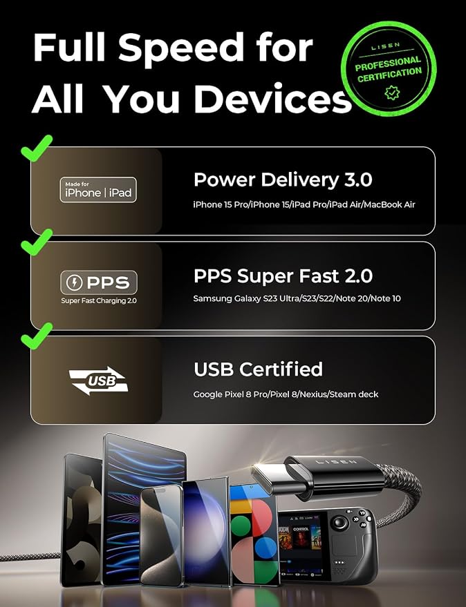 LISEN for iPhone 16 15 USB C to USB C Fast Charging, 60W USB C Cable Type C Fast 4 in 1 Charging Cable for iPhone 16 15,Samsung S24 S23 iPad Pro 13 12.9 11 inch, iPad Air 5,Black,3Pack 3+6+10FT - Image 5