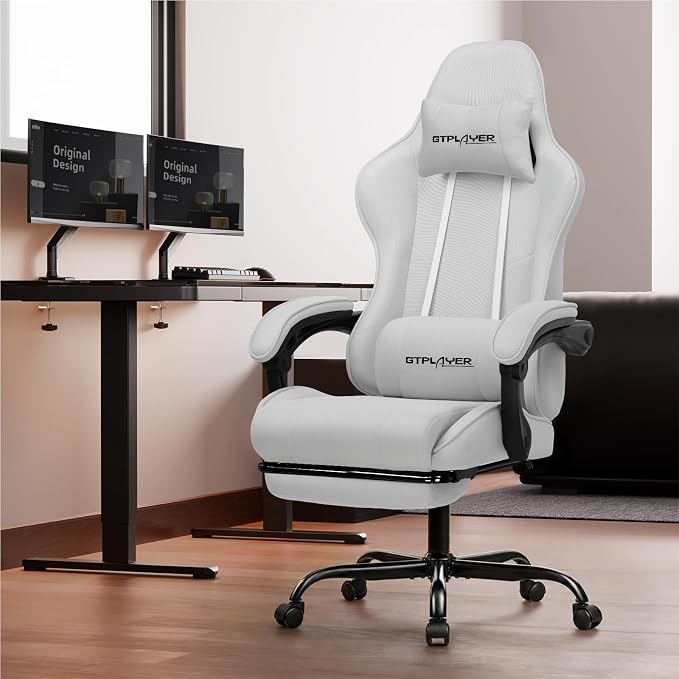 GTPLAYER Gaming Chair, Computer Chair with Footrest and Lumbar Support, Height Adjustable Game Chair with 360°-Swivel Seat and Headrest and for Office or Gaming (All Light Gray-Fabric) - Image 2