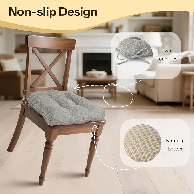 Chair Cushions for Dining Chairs Set of 2, 18"x18"x3", Light Grey | Non-Slip with Ties, Tufted, Faux Linen, Seat Cushions for Dining Room Kitchen Breakfast Nook Indoor Home Office Living Room - Image 3