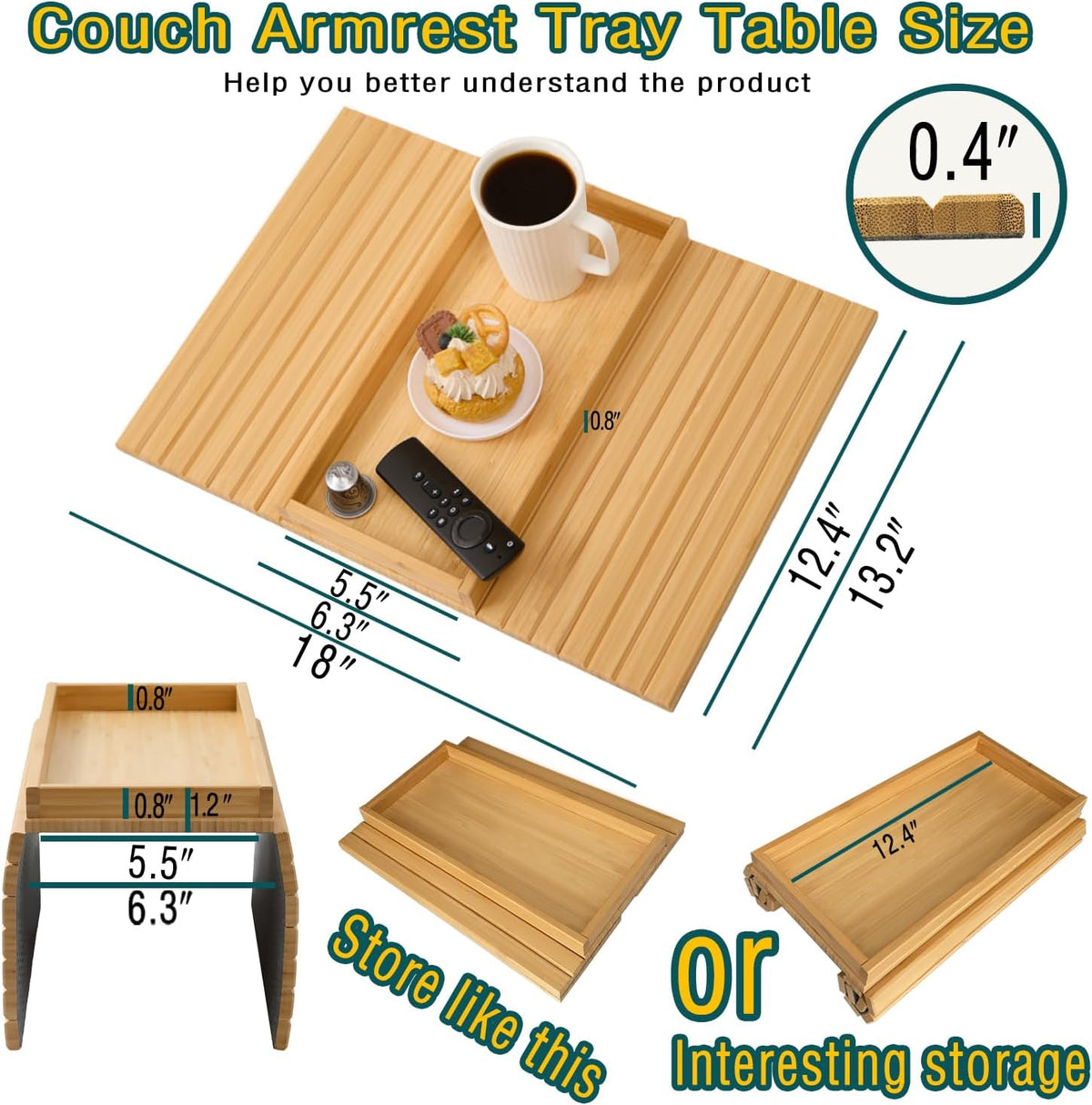 Bamboo Couch Arm Tray Table，Foldable Sofa Armrest Tray Table for Couch，Flexible and Anti-Slip Couch Arm Cup Holder，Portable Sofa Arm Chair Table for Drink,Cups, Eats，Snacks, Phone, Remote - Image 3