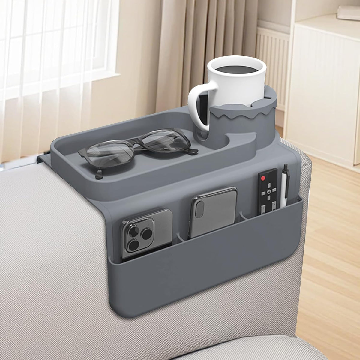 Couch Cup Holder Tray, Silicone Sofa Armrest organizer with Side Pockets for Storage Remotes, Cell-phone,Tablet or Snack, Anti-Spill and Anti-Slip Sofa Arm Tray for Recliner, Armchair Caddy (Gray) by PANZIYU