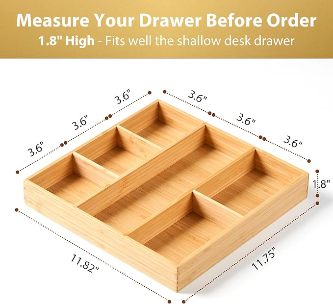 Bamboo Desk Drawer Organizer, Wood Office Junk Tray, 12"x12" | 1.8" Tall for Shallow Drawer - Adjustable dividers - Anti Slip Silicone Pads - Versatile Storage Box in Kitchen, Pantry - Image 2