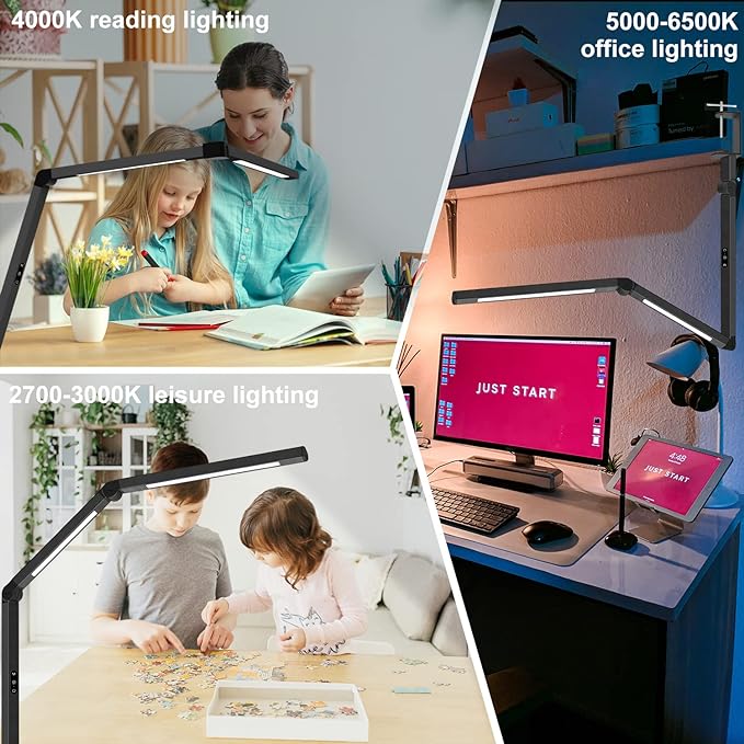 LED Desk Lamp with Clamp, Architect Desk Lamp with Dual Light and Adjustable Swing Arm, Clip-on Eye-Care 4 CCT Modes & 5 Brightness Levels Table Light Modern Computer Lighting for Home Office - Image 6
