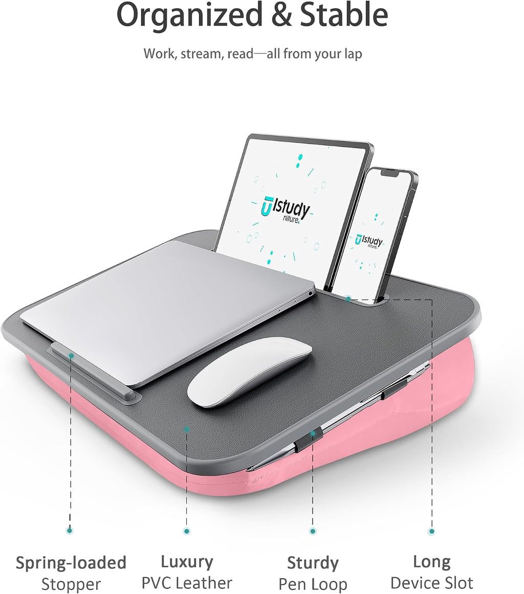 Lap Desk with Washable Cushion – Fits up to 17-In Laptops – Portable Laptop Desk & Stand – Bed desks & Tray for Writing, Reading, Working, Gaming on Bed, Couch, Floor – Istudyniture - Large, Rose Pink - Image 7