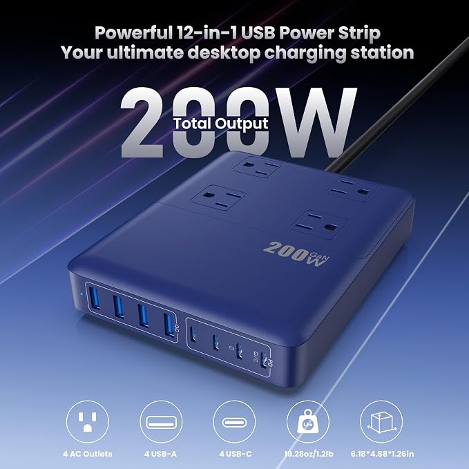 200W Charging Station,12-in-1 USB C Power Strip with Flat Plug and 5ft Extension Cord,4 AC Outlets,4 USB-A,4 USB-C Ports for iPhone 17/16/15,65W PD Fast Laptop Charger for MacBook,Home,Office (Blue) - Image 4