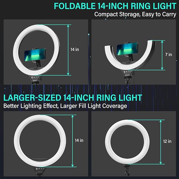 UBeesize 14'' LED Foldable Ring Light with 62'' Tripod Stand, Selfie Ring Light for Video Recording, Live Streaming, TikTok & YouTube, Compatible with iPhone & Android (Black) - Image 2