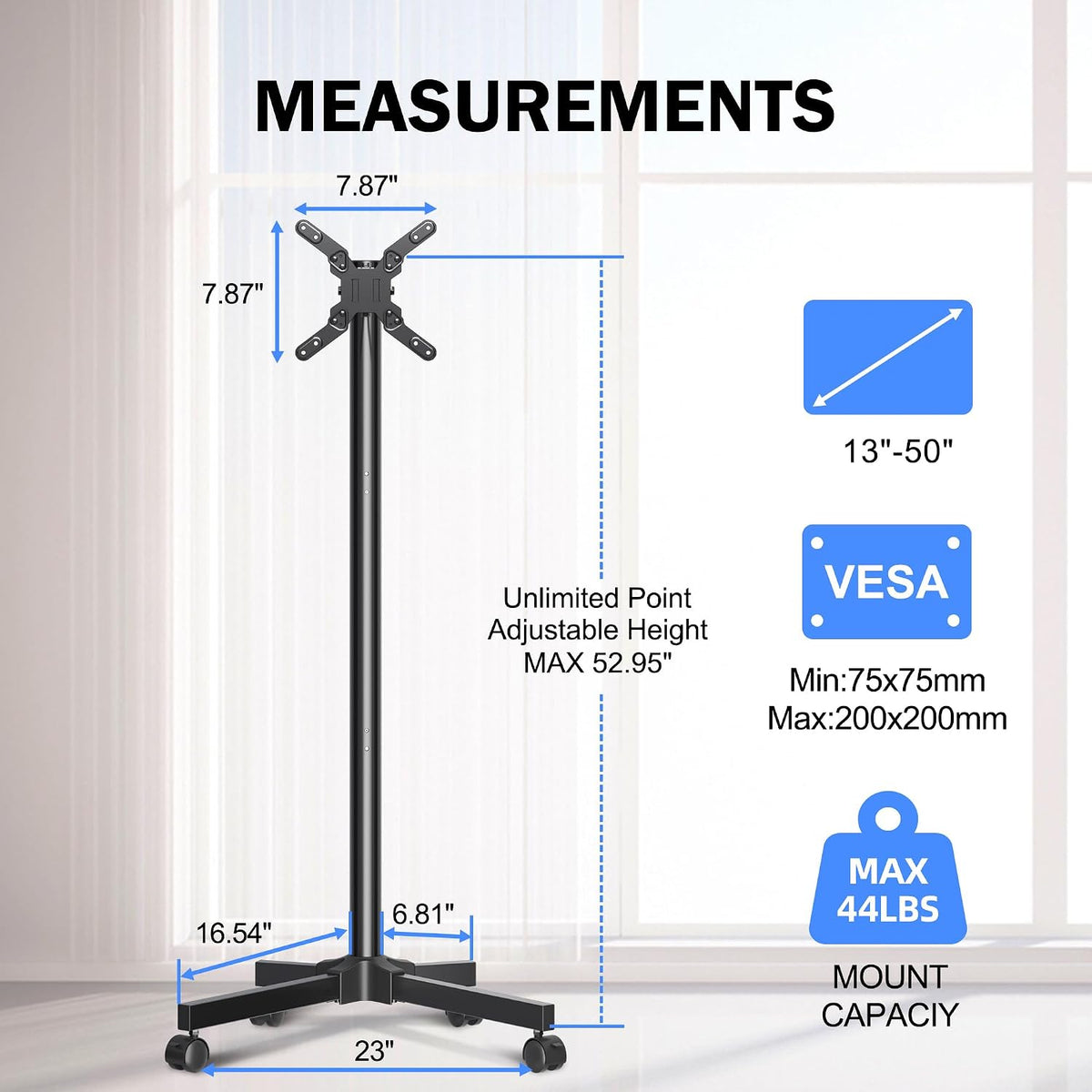 Mobile TV Carts, Rotating Rolling TV Stand on Wheels for 13-50" Flat/Curved TVs Height Adjustable 30° Tilt Floor TV Stand Portable Monitor Stand Holds up to 44lbs Max VESA 200x200mm ML1350 - Image 5