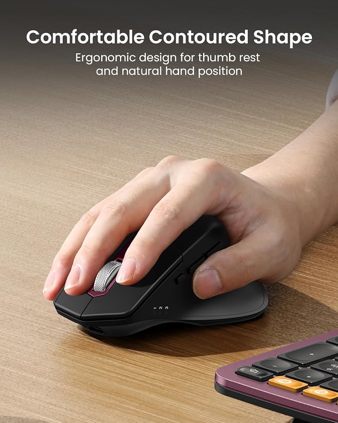 ProtoArc EKM01 Plus Wireless Ergonomic Keyboard Mouse Combo - Wine Red | Full-size Split Keyboard with Cushioned Wrist Rest, Ergonomic Mouse, 3-Device Bluetooth/2.4G, USB-C Rechargeable - Image 5