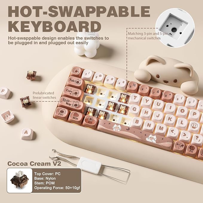 YUNZII C68 Silicone Cute Cat Mechanical Keyboard (Brown,Cocoa Cream Switch) | Wireless Triple Mode BT5.0/2.4G/Wired, RGB Backlit NKRO, Cute Cat Silicone Ergonomic Design for Win/Mac - Image 6