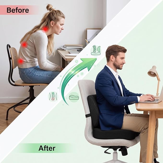 Ergonomic Seat Cushion & Lumbar Support Pillow Set for Office Chair | Memory Foam Car Seat Cushions, Chair Cushions relieves tailbone pain & lower back pressure for gaming chairs, Wheelchair - Image 6