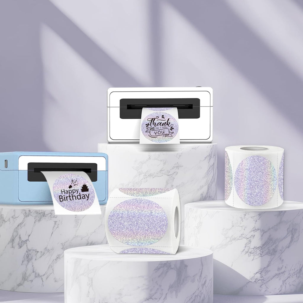 3 Inch Holographic Thermal Labels,Round Thermal Printer Labels,Waterproof Thermal Printer Stickers for DIY Logo Design,Name Tag,QR Code,Thanks Card 150 Labels/Roll (Purple dots) - Image 4