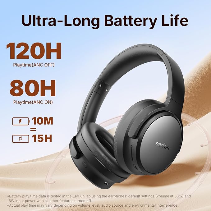 EarFun Tune Pro Active Noise Canceling Headphones, Wireless Headphones | 5 Mics Clear Call, 120H Playtime, Bluetooth 5.4, Hi-Res Audio, Multipoint Connection, Custom EQ via App, Comfortable Fit - Image 6