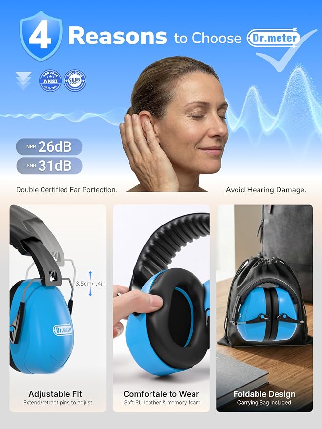 Dr.meter Noise Reduction Ear Muffs, Ear Protection Noise Cancelling Headphones for Adults, Kids Autism Sensory, 31dB Hearing Protection Earmuffs for Shooting Gun Range, Mowing, Fireworks, Blue - Image 3