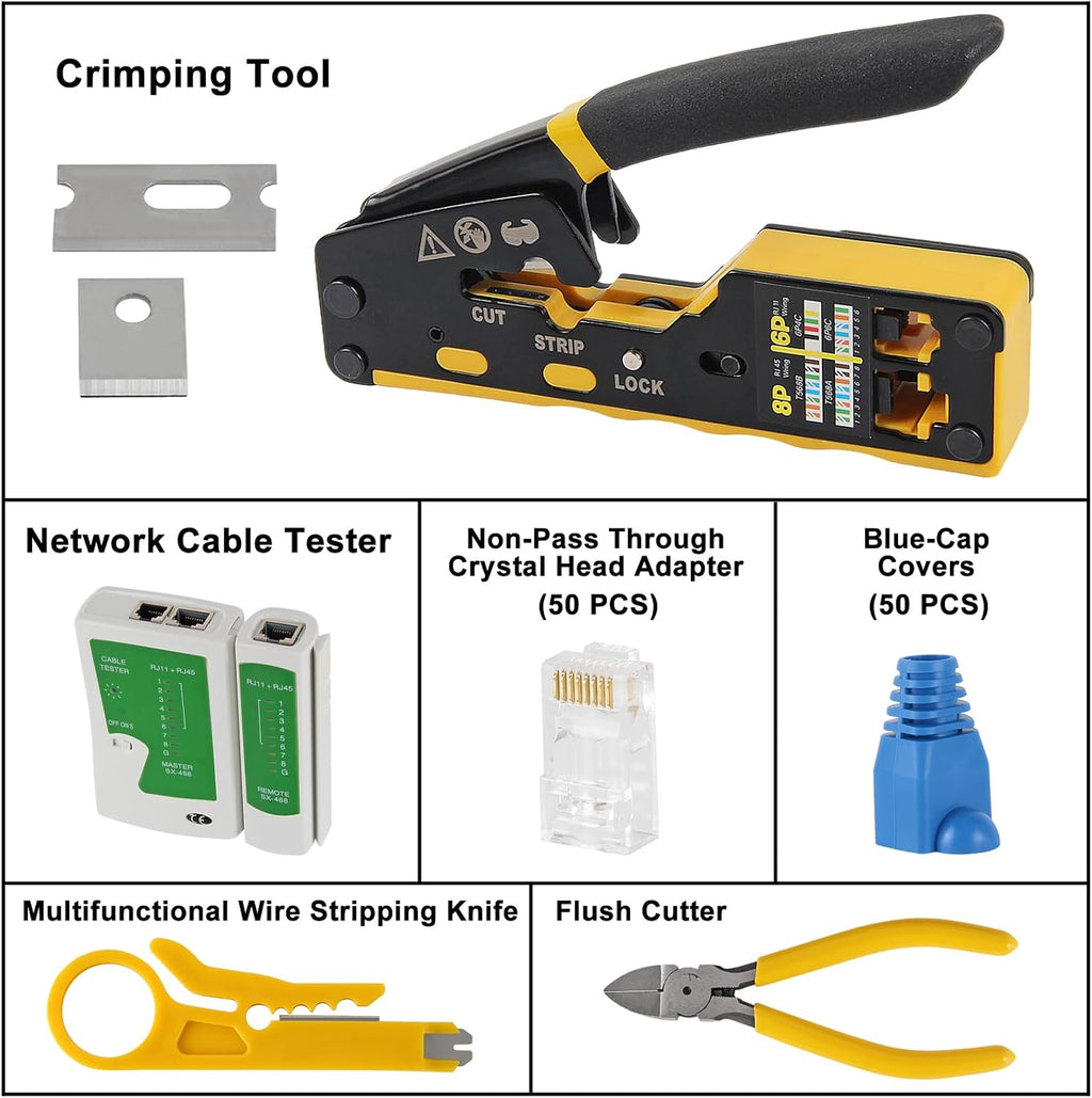 RJ45 Crimp Tool Kit Ethernet Crimping Tool kit for 8P-Cat7 Cat6 Cat5 6P Telephone Connector Network Crimp Tool RJ45 Crimper With Cable Tester Covers Connectors - Image 2