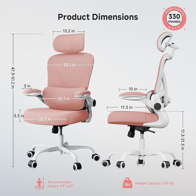 Ergonomic Office Chair, 330LBS Desk Chair with 3-Level Lumbar Support & Headrest, Breathable Mesh Backrest, Flip-Up Armrests for Home Office and Gaming, Pink - Image 2