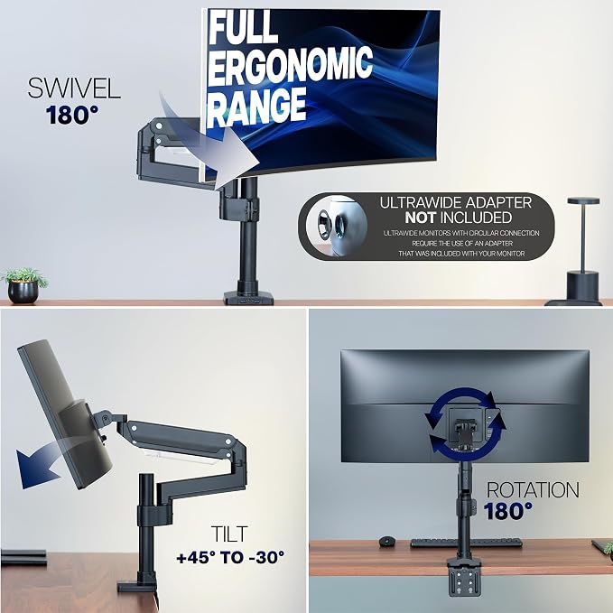 VIVO Premium Aluminum Tall Extended Monitor Arm for Ultrawide Monitors up to 49 inches and 33 lbs, USB Single Desk Mount Stand, Pneumatic Height Adjust, Max VESA 100x100, Black, STAND-V101GTU - Image 7