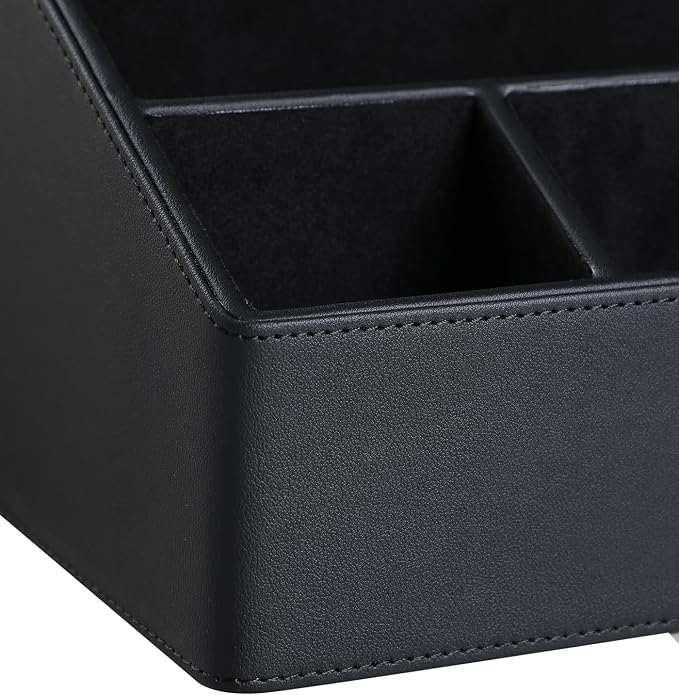 PU Leather Desk Organizer, Remote Control Holder, Black | Luxury Nightstand Organizer for Home, Office Desk Accessories, Bedside Table Caddy with 5 Compartments, Velvet Lining - Image 7