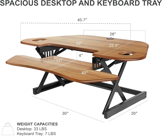 Rocelco 46" Height Adjustable Corner Standing Desk Converter with Dual Monitor Arm Mount Bundle - Sit Stand Up Tabletop Computer Workstation Riser - Extra Large Keyboard Tray - Teak (R CADRT-46-MA2) - Image 3