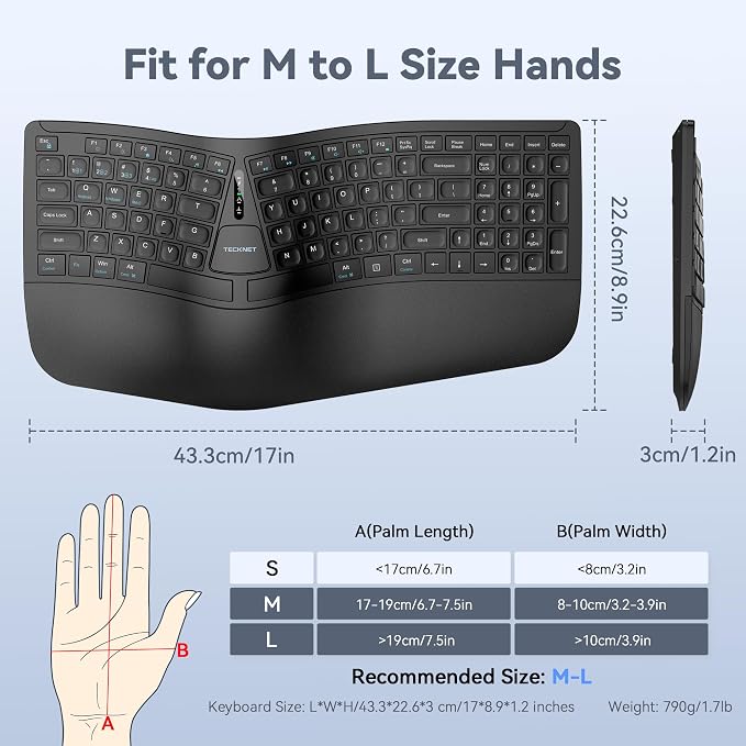 TECKNET Wireless Ergonomic Keyboard Rechargeable, 2.4G+Bluetooth Ergo Cordless USB Computer Keyboard, Wrist Rest, Natural Typing, Stain-Resistant Fabric, Compatible For Windows Computer Desktop Laptop - Image 7