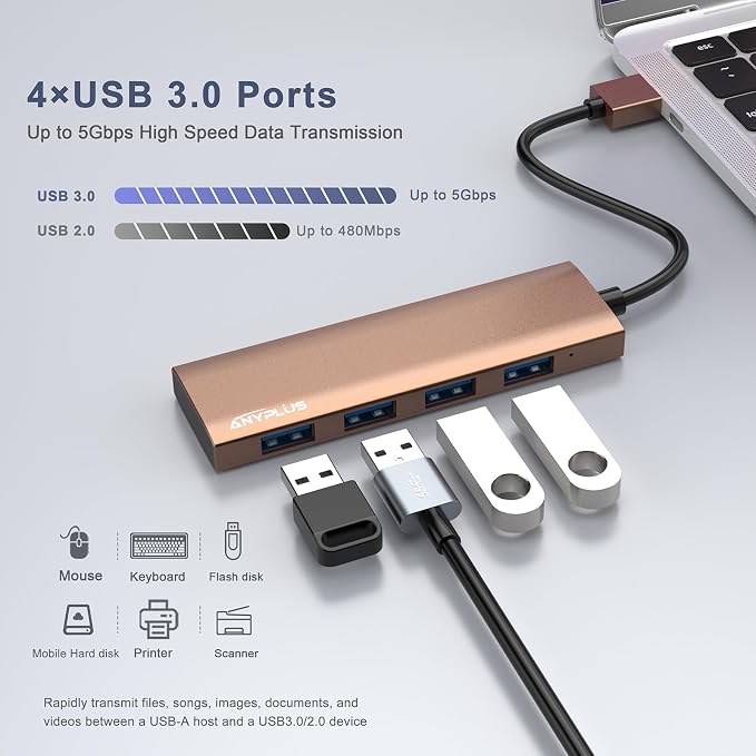 USB Hub, USB 3.0 Hub Aluminum Alloy Ultra Slim USB Splitter, Portable 4 Port USB Extender, USB Hub for Laptop, PC, MacBook, iMac, Surface Pro, Mac Pro, Flash Drive, XPS【Brown】 - Image 2